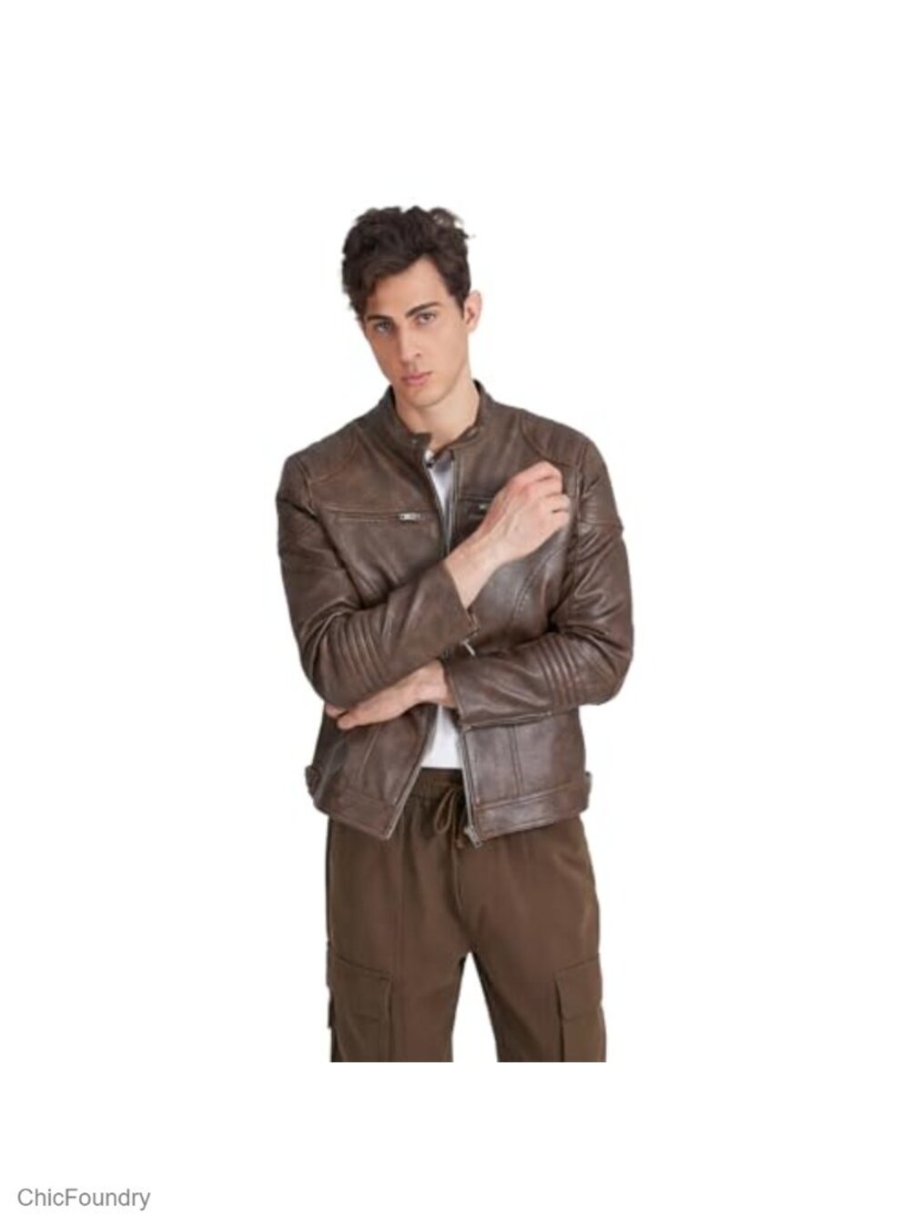 Men's Faux Leather Motorcycle Punk Jacket with Metal Zippers